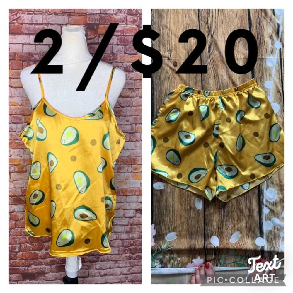 Two Piece Yellow Satin Avocado Print Shortie Pajama Set
